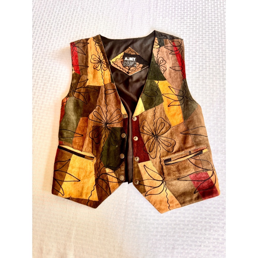 AJNY Vintage Patchwork Leather Boho Vest Med Floral Suede Earth Tone 90s Retro - Picture 7 of 14